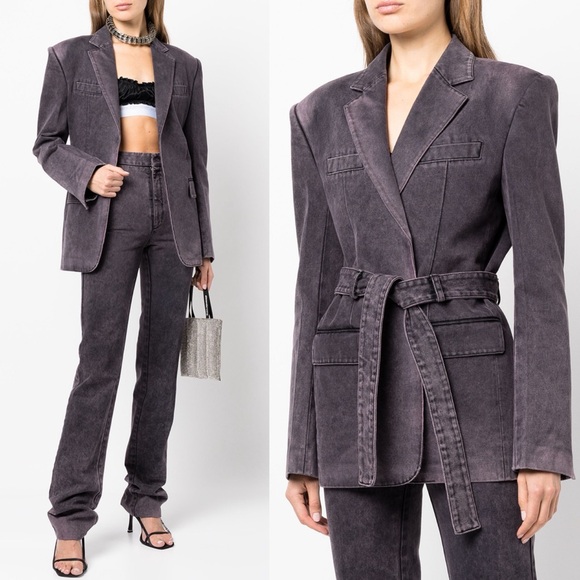 New Alexander Wang Self Belt Classic Boxy Blazer and High Waisted Slim Flare Set
